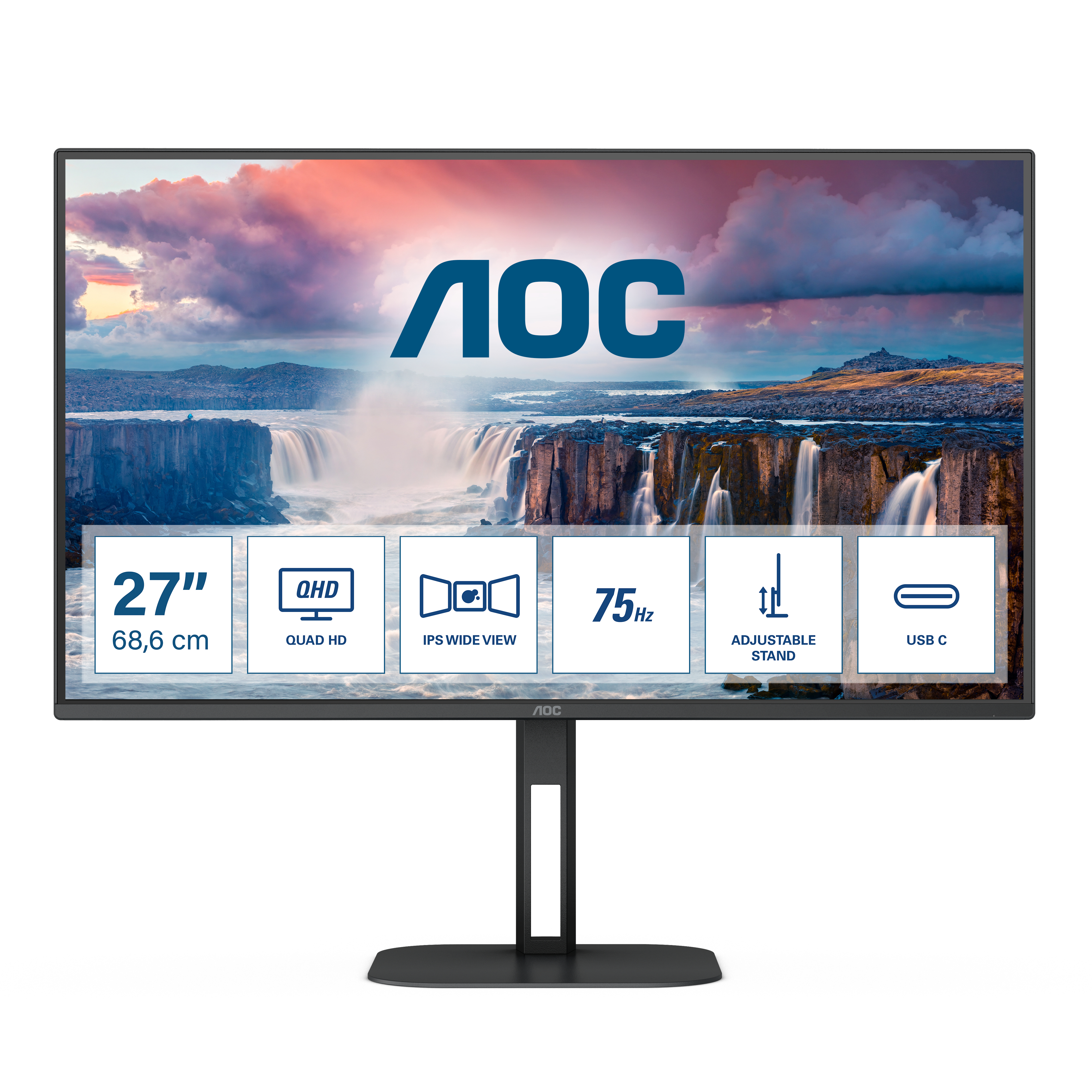 Ecran PC Aoc Q27V5C - Écran LED - 27" - 2560 x 1440 QHD @ 75 Hz - IPS  - 300 cd/m² - 1000:1 - 4 ms - HDMI, DisplayPort, USB-C - haut-parleurs -  noir