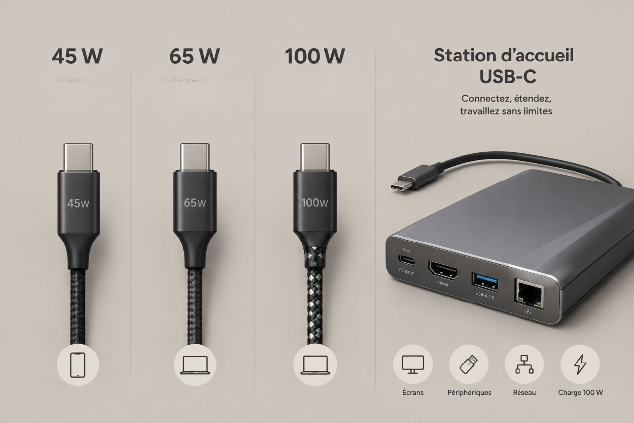 Comparatif des puissances de chargeurs USB-C pour PC portables professionnels