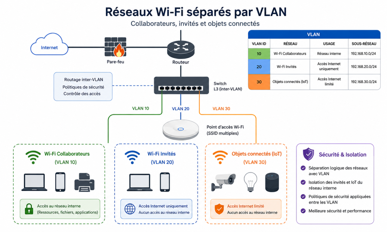 Réseaux Wi-Fi collaborateurs, invités et objets connectés séparés par des VLAN
