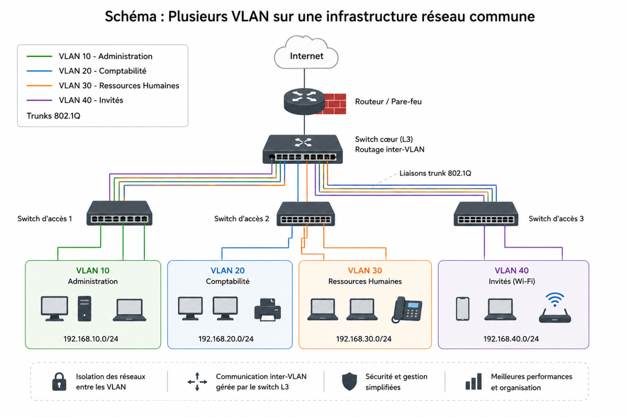 Schéma représentant plusieurs VLAN sur une infrastructure réseau commune